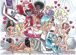 12girls 1boy afro artist_request asian black_hair black_skin blonde_hair boobs decepticon drink eyes_closed floating_hearts funny hearts interspecies loving_it multiple_girls posing praise red_eyes red_hair red_lipstick relaxing robot_boy robot_humanoid starscream tan_body transformers transformers_g1 white_background white_skin wings