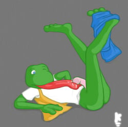 anthro clothing frog frogger kolossal lying male male_only on_back penis solo tagme