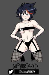 black_belt black_underwear blush euphoria-xox female fishnet_legwear kill_la_kill latex matoi_ryuuko nervous pulling_clothing shy