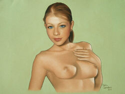 breasts brown_hair bust_portrait celebrity detailed ernie_centofanti female female_only front_view hand_on_chest human looking_at_viewer michelle_trachtenberg nipples pale_skin real_person realistic solo tagme