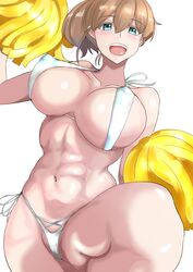 abs absurdres bikini blue_eyes breasts brown_hair cheerleader covered_nipples cowboy_shot female highres holding holding_pom_poms huge_breasts intrepid_(kantai_collection) kantai_collection ken_(shutenndouji1) pom_pom_(cheerleading) ponytail short_hair side-tie_bikini simple_background solo swimsuit white_background white_bikini