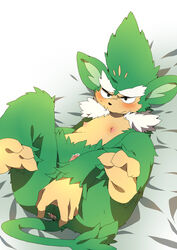 anthro anus blush color fur furry green_fur lying male male_only monkey on_back penis pokemon pokemon_bw primate simisage solo tagme