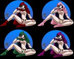 belt casual clothing dc dc_comics dcau emoticlone exposed_torso female footwear human oni_(artist) outerwear pale_skin rachel_roth raven's_emotions raven_(dc) smooth_skin teen_titans wristwear