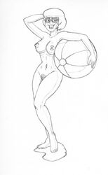 ball breasts female female_only hanna-barbera holding_ball human monochrome nipples nude pose rough_sketch ryoku scooby-doo short_hair solo standing tagme velma_dinkley wet