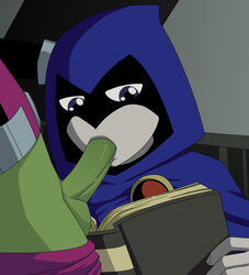 1boy 1girls beast_boy cartoon_network cloak dc dc_comics fellatio garfield_logan green_skin incognitymous oral purple_eyes rachel_roth raven_(dc) reading reading_book reading_during_sex teen_titans unseen_male_face