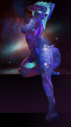 2016 anthro balls blue_eyes blue_hair blue_nipples blue_penis breasts canine dickgirl erection hair intersex looking_at_viewer mammal nipples penis pinup pose sajik wolf