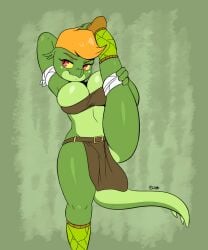 anthro breasts female flexible green_body green_scales joaoppereiraus leg_up lira_(joaoppereiraus) lizard lizard_girl lizard_humanoid orange_hair scalie scalie_humanoid tales_of_sezvilpan_(copyright) thick thick_thighs thighs