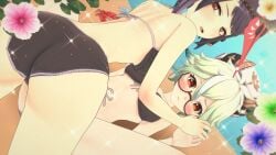 2girls ayaecchi bikini black_hair blush female female_only genshin_impact glasses green_hair koikatsu kujou_sara light-skinned_female light_skin multiple_girls sucrose_(genshin_impact) swimsuit thick_thighs thighs