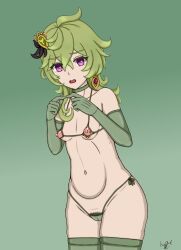 cameltoe collei_(genshin_impact) earrings genshin_impact gloves green_hair green_legwear green_panties green_thighhighs hair_ornament legwear micro_bikini nipple_piercing panties pubic_hair purple_eyes thechad thighhighs