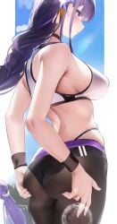 1girls ass back back_view braided_hair breasts bubble_butt fantongjun female genshin_impact hi_res hips huge_ass large_breasts long_hair purple_hair raiden_shogun slim_waist sports_bra sportswear thick_thighs thighs tight_clothing tight_fit wide_hips yoga_pants