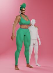 1boy 3d barefoot blender cameltoe choker faceless_male female generic_male gym_uniform junker_queen larger_female leggings muscular_female overwatch overwatch_2 radium_junker_queen sandreiio simple_background size_difference standing