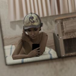 4k baseball_cap black_hair cellphone clementine_(the_final_season) clementine_(the_walking_dead) dark-skinned_female dark_skin hat lying medium_breasts mirror_selfie nude nude_female petite selfie small_breasts smartphone the_walking_dead the_walking_dead:_the_final_season the_walking_dead_game