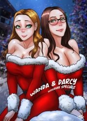 2022 2girls big_breasts breasts christmas christmas_outfit cleavage darcy_lewis female female_only glasses holidays human light-skinned_female light_skin marvel marvel_cinematic_universe marvel_comics santa_costume thick_thighs tora_tora wanda_maximoff wandavision wide_hips