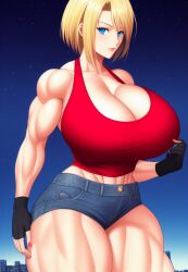 1girls abs ai_generated bare_arms bare_legs bare_midriff bare_shoulders bare_thighs black_gloves blonde_hair blue_eyes blue_mary building city cleavage denim_shorts fingerless_gloves giant giantess gigantic_breasts gigantic_thighs gloves huge_breasts huge_thighs king_of_fighters looking_at_viewer macro massive_breasts massive_thighs midriff muscle muscles muscular muscular_arms muscular_female muscular_legs muscular_thighs night red_tank_top short_hair short_shorts shorts size_difference skyscraper snk stable_diffusion tank_top thick_thighs voluptuous voluptuous_female wide_hips