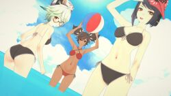 3girls ayaecchi beach_ball bikini black_hair dark-skinned_female dark_skin female female_only genshin_impact glasses green_hair koikatsu kujou_sara light-skinned_female light_skin multiple_girls sea sucrose_(genshin_impact) swimsuit xinyan_(genshin_impact)