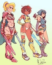 3girls absurd_res amphibia anne_boonchuy archery armor armored_boots armored_gloves arrows artist_name artist_signature bandages battle_armor bikini_armor black_hair blonde_hair boots bottomless bow bow_and_arrow brown_hair cape chestplate cleavage clothing curvy disney disney_channel dual_wielding face_paint fantasy female female_only gloves gradient_background hand_on_hip high_resolution highres hips hood hood_up hourglass_figure knight leaves_in_hair leotard light-skinned_female light_skin marcy_wu mr.jellybeans multiple_girls navel outfit panties pockets ponytail potion ready_for_battle ready_to_fight revealing_clothes sasha_waybright scar_on_face scars scars_all_over scars_on_chest scratch_marks serious shoes shoulder_pad side_by_side skimpy skimpy_armor skimpy_clothes straps sword tanline tanlines teenage_girl teenager thighs trio unconvincing_armor walking warrior weapon young