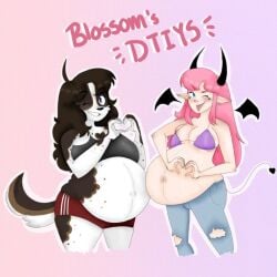 2girls anthro big_belly big_breasts blossom_(blossomtsuki) blossomtsuki blu_(blossomtsuki) bra demon demon_girl dtiys female_only gym_shorts heart_hands jeans multiple_girls multiple_pregnancies pink_hair pregnant pregnant_female ready_to_pop sports_bra