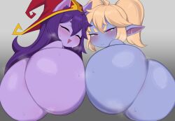 2girls absurd_res ass ass_focus back_view big_ass big_butt blonde_hair blush cham22 closed_eyes eye_contact female female_only half-closed_eyes hat highres huge_ass league_of_legends long_hair looking_at_viewer lulu_the_fae_sorceress multiple_girls pink_eyes pointy_ears poppy purple_body purple_hair riot_games shortstack smaller_female sweat sweatdrop twintails witch_hat yordle