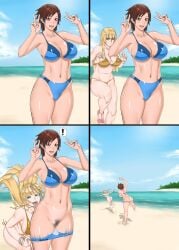 2girls ass athletic athletic_female big_breasts bikini bikini_bottom_removed bikini_tan blonde_hair blue_eyes bracelet breasts brown_eyes brown_hair bubble_butt busty comic emilie_de_rochefort female female_focus female_only gold_bikini hairy_pussy hourglass_figure kazama_asuka long_hair micro_bikini midou_tsukasa multiple_girls namco navel necklace pixiv pose posing prank pubes pubic_hair pussy short_hair swimsuit tagme tan tanline tekken thong v_sign vagina wide_hips