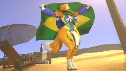 16:9 1futa 3d_(artwork) alcohol anthro ball bandai_namco beach beer beverage big_breasts brazil brazilian_flag breasts clothing digimon digimon_(species) digital_media_(artwork) flag football_(ball) futanari genitals glowing glowing_eyes green_penis gynomorph hi_res intersex legwear ok_bruh palm_tree penis plant renamon seaside solo source_filmmaker thigh_highs tree umbrella warfare_machine widescreen