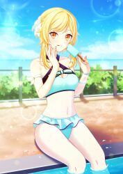 1girls bikini bikini_skirt blonde_hair blue_bikini blue_swimsuit breasts clouds feet_in_water flower_in_hair genshin_impact holding_ice_cream holding_popsicle ice_cream looking_at_viewer lumine_(genshin_impact) medium_breasts medium_hair midriff navel outside painted_fingernails plants pochimaru_(marumaru_wanwan) popsicle sky swimsuit swimsuit_skirt water yellow_eyes