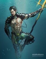 actor aquaman_(cosplay) big_bulge black_panther:_wakanda_forever bulge celebrity crossover_cosplay erection_under_clothes huge_bulge in_character latino looking_at_viewer male male_only marvel marvel_cinematic_universe melanin muscular muscular_male namor native_american_male otokobara posing tenoch_huerta trident underwater