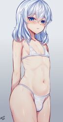 1boy bikini blue_eyes blush bulge femboy girly gray_background hands_behind_back long_hair looking_at_viewer male_focus male_only mizumizzumiz otoko_no_ko otokonoko simple_background tomgirl trap white_bikini white_hair white_swimsuit