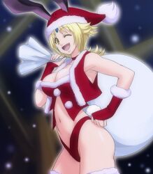 bag blonde_hair bunny_ears bunny_girl christmas cleavage facial_markings hand_on_hip haruyama looking_at_viewer panties project_x_zone project_x_zone_2 red_gloves red_panties red_vest santa_costume santa_hat sheath_(project_x_zone_2) smile vest wink yellow_eyes