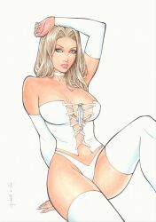 blonde_hair blue_eyes breasts corset curvy curvy_female elbow_gloves emma_frost female female_only hellfire_club hourglass_figure huge_breasts lingerie marvel marvel_comics panties rubismar_da_costa thighhighs white_queen x-men