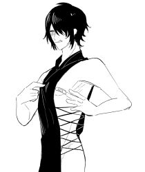 alternate_costume bandaids_on_nipples blush china_dress chinese_clothes crossdressing dress gintama hair_over_one_eye hisagi_(hria_h) licking_lips looking_at_viewer male male_only monochrome side_slit sleeveless smile solo takasugi_shinsuke twink