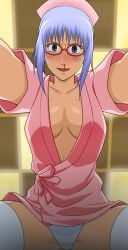 blush cleavage drooling female female_only gintama glasses goriate horny horny_female japanese_clothes lavender_hair looking_at_viewer mole_under_eye no_bra nosebleed nurse nurse_cap nurse_uniform official_alternate_costume outstretched_arms panties pov purple_hair red-framed_glasses sarutobi_ayame smile solo spread_legs white_legwear white_panties white_thighhighs