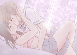 2girls bed black_hair bra breasts brown_hair closed_eyes curtains curtains_closed female female_only green_eyes kissing laying_on_bed medium_breasts medium_hair original pillow pink_bra purple_curtains saone_kushima school_uniform sweating window yuri