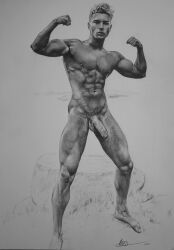 1boy big_cock big_penis black_and_white boner caucasian caucasian_male dean_young erect_penis erection flexing hard_on huge_cock looking_at_viewer male male_nude_neil male_only muscles muscular muscular_male onlyfans_model proud_of_his_cock real_person sketch solo solo_male uncolored uncut