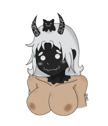 1girls artist_name artist_signature black_skin blush breasts dark_nipples dark_skin embarrassed exposed_breasts exposed_nipples female female_only horns nipples roblox roblox_avatar self_upload shaospicy solo solo_female tan_body white_background white_hair