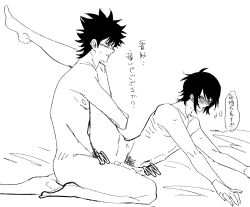 2boys anal anal_sex blush censored completely_nude erection gay gintama hisagi_(hria_h) japanese_text kawakami_bansai leg_grab leg_lift leg_up male male_only monochrome nude on_bed on_side sketch sweat takasugi_shinsuke yaoi