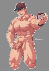 1boy anntee boner courier_(pokemon) erect_penis erection hand_on_penis hard_on holding_penis male male_only muscles muscular muscular_male npc_trainer penis_grab penis_hold pokeball pokemon pokemon_sv solo solo_focus solo_male veiny_penis