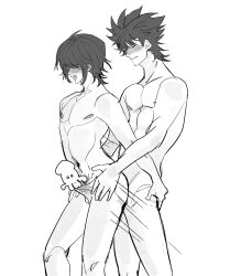 2boys anal anal_sex blush censored clenched_teeth closed_eyes completely_nude erection from_behind gay gintama hip_grab hisagi_(hria_h) implied_anal kawakami_bansai male male_only monochrome motion_lines nude open_mouth penis spiky_hair standing_sex takasugi_shinsuke yaoi