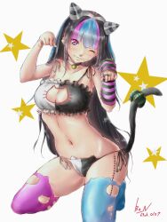 1girls bell bell_choker black_bra black_hair black_lingerie black_panties bra breasts cat_bell cat_keyhole_bra cat_keyhole_lingerie cat_lingerie cat_tail choker cleavage_cutout danganronpa danganronpa_2:_goodbye_despair earrings fake_tail female_only highlights_(coloring) kneeling long_hair medium_breasts midriff mioda_ibuki miyoichi_(tjuc8378) modeling navel one_eye_closed panties paw_pose piercings posing purple_eyes rings side-tie_panties straight_hair super_danganronpa_2 tail_scrunchie thighhighs white_bra white_lingerie white_panties winking