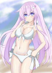 1girls back-tie_bikini back-tie_swimsuit beach bikini blue_eyes breasts clouds front-tie_bikini hair_ornament hairclip large_breasts long_hair looking_at_viewer midriff navel nepgear neptunia_(series) ocean outside purple_hair purple_sister side-tie_bikini side-tie_swimsuit sky stiris_rangetsu swimsuit water white_bikini white_swimsuit