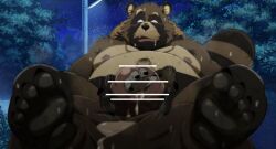 2022 anthro balls belly big_balls big_belly bodily_fluids canid canine censored cock_vore detailed_background duo eto1212 genitals hi_res kemono male male_only mammal moobs night nipples outside overweight overweight_male penile penis raccoon_dog solo_focus sweat tanuki vore