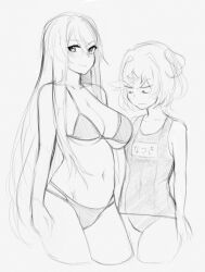 2girls bikini breast_envy breasts doki_doki_literature_club duo female female_only looking_at_breasts looking_at_viewer natsuki_(doki_doki_literature_club) navel no_color otxoa60 simple_background sketch smile smiling smiling_at_viewer staring_at_breasts sukumizu swimsuit white_background yuri_(doki_doki_literature_club)