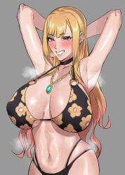 1girls alternate_breast_size alternate_version_available armpits arms_behind_head arms_up big_breasts bikini blonde_hair blush breasts choker cleavage clenched_teeth clothing curvy ear_piercing earrings eyelashes female female_focus female_only grey_background grin highres hips huge_breasts human jewelry kitagawa_marin large_breasts lips multicolored_hair navel necklace parted_lips pink_hair pinup pose red_eyes revealing_clothes seductive shiny_skin simple_background skimpy skindentation smile solo solo_female sono_bisque_doll_wa_koi_wo_suru steam swimsuit teeth two_tone_hair uyzoc very_long_hair voluptuous wide_hips