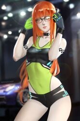 1girls breasts car choker covered_navel crotch_zipper female female_only fully_clothed glasses gloves green_leotard headphones highleg highleg_leotard leotard leotard_under_clothes long_hair looking_at_viewer medium_breasts one_eye_closed orange_hair persona persona_5 race_car race_queen ragecndy revealing_clothes sakura_futaba short_shorts tight_clothing winking yellow_eyes zipper zipper_shorts