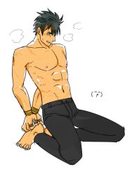 abs arms_behind_back arms_tied_behind_back barefoot black_hair bound_wrists breath colored_sketch full_body gintama kawakami_bansai kneeling male male_only restrained scars sitting soda_water solo sweat topless topless_male