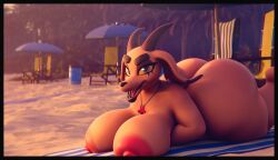 3d_(artwork) ass beach beach_chair beach_towel beach_umbrella big_breasts big_butt bovid breast_squish breasts caprine digital_media_(artwork) goat hi_res huge_butt looking_at_viewer mammal mipsmiyu no_humans nude purple_eyes seaside squish thick_thighs towel