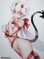 beelzebub_(helltaker) completely_nude demon demon_girl demon_horns demon_tail helltaker insect_wings nipples noaharbre red_eyes ribbon_bondage very_short_hair white_hair