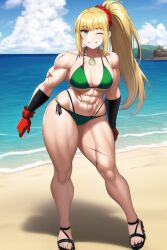 1girls 2022 abs ai_generated aqua_eyes beach biceps big_ass big_butt bikini black_gloves blonde_hair clenched_teeth dragunov_(metal_slug) female female_focus female_only green_bikini green_panties green_underwear hi_res high_resolution highres long_hair looking_at_viewer medium_breasts metal_slug metal_slug_attack muscular muscular_female nai_diffusion one_eye_closed ponytail scar scars seductive small_bikini snk stable_diffusion thick thick_ass thick_thighs