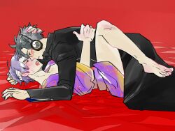 2boys bandaged_hand bandages barefoot black_hair blush closed_eyes clothed clothed_sex embrace gay gintama glasses hand_on_another's_head headphones implied_sex kawakami_bansai kimono leather_jacket leg_up looking_at_another male male_only open_mouth profile purple_hair red_background rings soda_water takasugi_shinsuke yaoi yin_yang