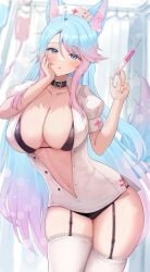 1girls bikini_top bikini_under_clothes blue_hair blush breasts choker cleavage curvy curvy_body garter_straps hospital indie_virtual_youtuber injection large_breasts looking_at_viewer multicolored_hair nurse nurse_uniform original pink_hair sauvignon silvervale thick_thighs thighhighs virtual_youtuber vshojo wolf_ears wolf_girl