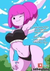 1girls adventure_time armpits arms_up big_breasts blacked blacked_clothing curvaceous curvy english_text female female_only looking_at_viewer mob_face monotone_eyes navel navel_line no_nose pink_body princess_bubblegum sebasdono smile smiling smiling_at_viewer solo text thin_eyebrows thin_waist wink